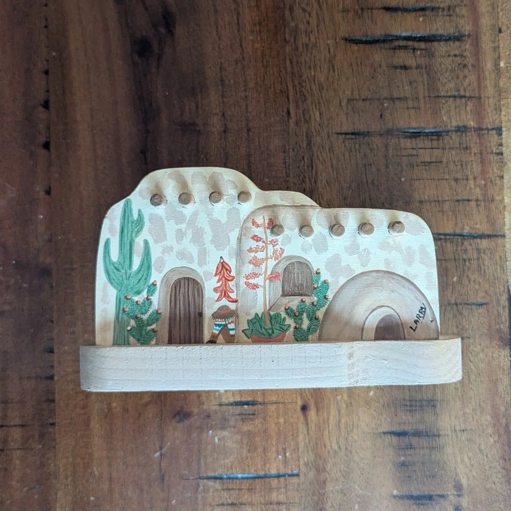 Vtg Wood Craft Originals Coaster Set‎ w/ Handmade Holder Southwestern Folk Art